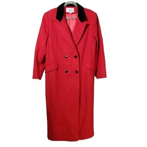Vtg. 1970's Elegant Red 100% Wool Trench Coat Black Velvet Collar Sz16 Old Money
